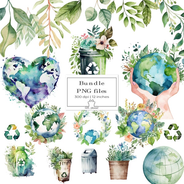 23 PNG Watercolor Earth Day design Watercolor Recycling Clipart Earth Day clipart Eco Friendly Green Leaves Watercolor Earth Day Clipart