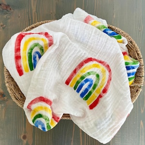 Rainbow Baby Blanket | 100% Cotton Muslin Swaddle Blanket | Watercolor | Hand-painted
