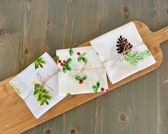 Holiday Kitchen Towel Set | Hand-Painted Trees, Berries, Pinecones | 100% Cotton Flour Sack Tea Towels