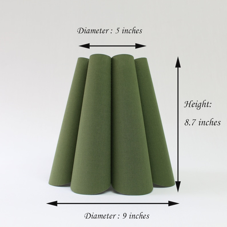 May include: A green fabric lampshade with a diameter of 5 inches at the top and 9 inches at the bottom. The lampshade is 8.7 inches tall.