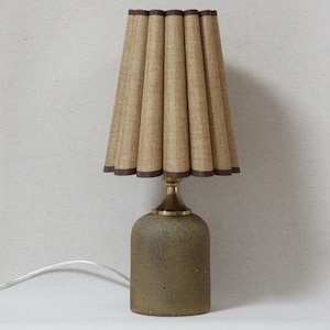 May include: A brown ceramic table lamp with a pleated brown fabric lampshade. The lampshade has a brown trim around the top edge. The lamp has a brass base.