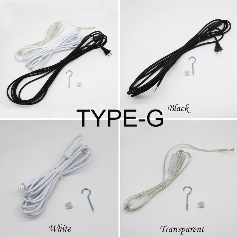 May include: Four electrical cords in black, white, and transparent colors, with a Type-G designation. Each cord has a plug, a hook, and a small connector. The word "Black", "White", and "Transparent" are written below the cords.
