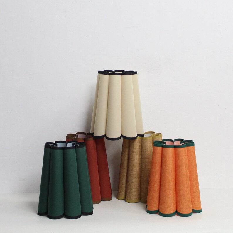 May include: Five lampshades in different colors and fabrics. The lampshades are all pleated and have a black trim. The lampshades are arranged in a semi-circle.