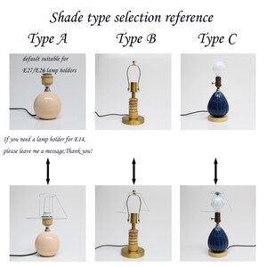 May include: Three different types of lampshades for table lamps. Type A is a white, round shade. Type B is a white, rectangular shade. Type C is a blue, teardrop-shaped shade.