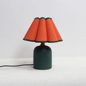 Handmade Scallop Fabric Table Lamp: Orange Shade, Dark Green Ceramic Base