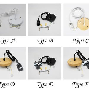 May include: Assortment of pendant light fixtures, each with a different design. Types A and C have white or wooden ceiling plates and white cords. Types B, E, and F have black cords and ceiling plates. Type D and F have wooden ceiling plates. Text: Type A, B, C, D, E, F.