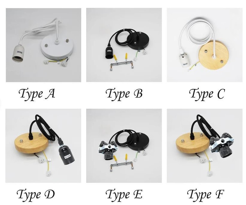 May include: Assortment of pendant light fixtures, each with a different design. Types A and C have white or wooden ceiling plates and white cords. Types B, E, and F have black cords and ceiling plates. Type D and F have wooden ceiling plates. Text: Type A, B, C, D, E, F.