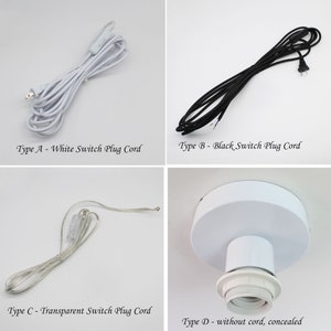 May include: Four types of electrical cords and a light fixture component are displayed. The options include a white switch plug cord, a black switch plug cord, a transparent switch plug cord, and a white light fixture component.