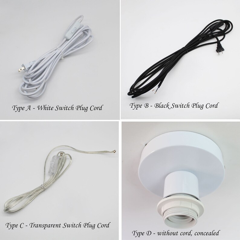 May include: Four types of electrical cords and a light fixture component are displayed. The options include a white switch plug cord, a black switch plug cord, a transparent switch plug cord, and a white light fixture component.