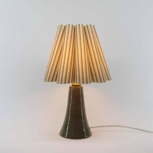 May include: A decorative table lamp with a pleated lampshade featuring vertical beige and brown stripes. The lamp base is a dark green, conical shape. The lamp is plugged in and ready to use.