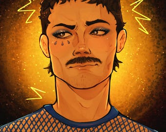 May include: A digital illustration of a person with short dark hair, a mustache, and blue eyeshadow. The person has three small teardrop markings under one eye and wears a blue mesh top. The background is a glowing, textured golden-orange circle.