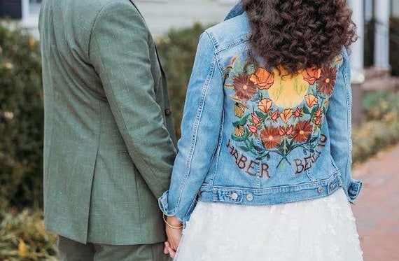 ★THE MUSEUM VISITOR★ HAND PAINTED DENIM JACKET BROWN 10117 Custom Houston Astronaut Be Someone Stain Glass Window Denim