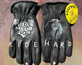 Ride Hard Hand-Painted Custom Genuine Deerskin Riding Gloves Size M