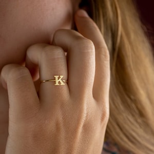 Tiny Solid Gold Initial Ring personalized Women's Day Gift for Her, Dainty 14k Gold Custom Letter Initial Handmade Ring Gift for wife