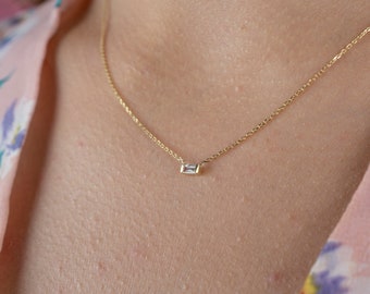 Baguette Diamond Necklace/ 14k Gold Baguette Diamond Necklace/ Minimalist Baguette Necklace/ Dainty Mix Diamond Necklace in 14k Solid Gold