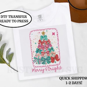 Merry and Bright Christmas DTF, Girls Pink Christmas Shirt Iron On Transfer, Warm Peel Direct to Film Transfer