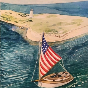 MV, impression giclée de voile de drapeau américain de port d&#39;Edgartown de Martha&#39;s Vineyard