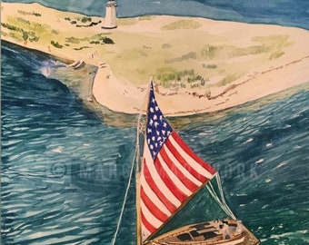 MV, Martha's Vineyard Edgartown Harbor Amerikaanse vlag Zeil Giclee Print