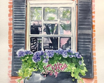 Beacon Hill Hydrangeas Print, Boston Watercolor Art