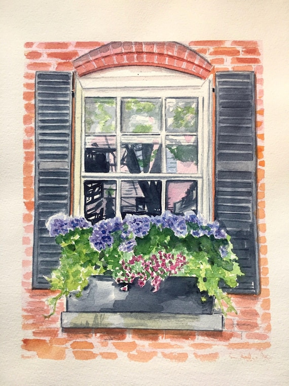 Beacon Hill Boston Hydrangeas  Window Box  Fine Art  giclee print from original painting . Watercolor acid free paper.Signed by Artist