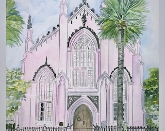 Charleston,South Carolina,French Huguernot Church ,Southern ,Art Watercolor,Pink Art,Great Gift
