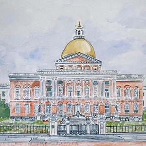 Boston Print - Boston State House, Massachusetts Decor, Watercolor Giclee Print ,Beacon Hill neighborhood of Boston
