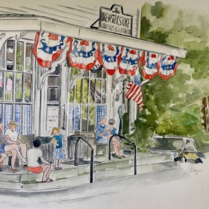 Seen in Cape Cod ART Magazine 2024 The Brewster General Store Watercolor Giclee Print. Red White and Blue / MargieMartwork