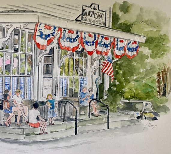 Seen in Cape Cod ART Magazine 2024 The Brewster General Store Watercolor Giclee Print. Red White and Blue / MargieMartwork