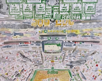 May include: A watercolor painting of a basketball court with a green and brown floor. The court is surrounded by a crowd of people. There are banners hanging from the ceiling that say "Boston Celtics" and "World Champions" for the years 1954, 1960, 1961, and 1962. The words "Boston Garden" are visible on a sign above the court.