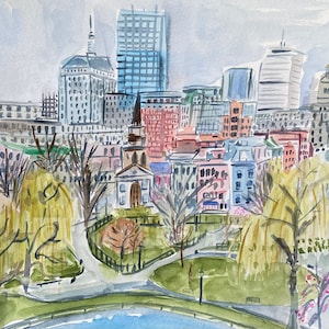 Boston Public Garden,Boston Skyline,Watercolor Giclee Print, Boston,Room Decor,Boston Common, New England,Massachusetts,Signed by Artist