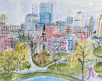 Boston Public Garden,Boston Skyline,Watercolor Giclee Print, Boston,Room Decor,Boston Common, New England,Massachusetts,Signed by Artist