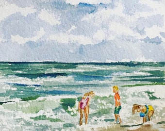 Seen in CAPE COD ART magazine Beach Days/children on the beach , shells searching  Print |Beach Watercolor Art|Beach Art |Beach Painting