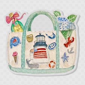 May include: Watercolor illustration of a white tote bag with a green handle and trim, decorated with nautical-themed stickers. Includes a lighthouse, lobster, anchor, and a bottle of champagne.