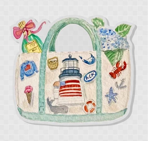 Canvas Bag ACK Pin  Gift: Blue Hydrangea Flower Champagne Lobster Ice cream Nantucket basket  Lighthouse Whale Starfish Watercolor Artwork