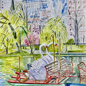 Boston Public Garden Swan Boats,Boston Public Garden,Giclee print of original Watercolor, makes great Christmas Gift