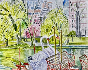 Boston Public Garden Swan Boats,Boston Public Gardens,Giclee print of original Watercolor, makes great Christmas Gift