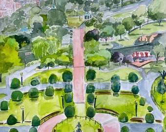 Boston Skyline Watercolor Giclee Art Print, Public Garden View