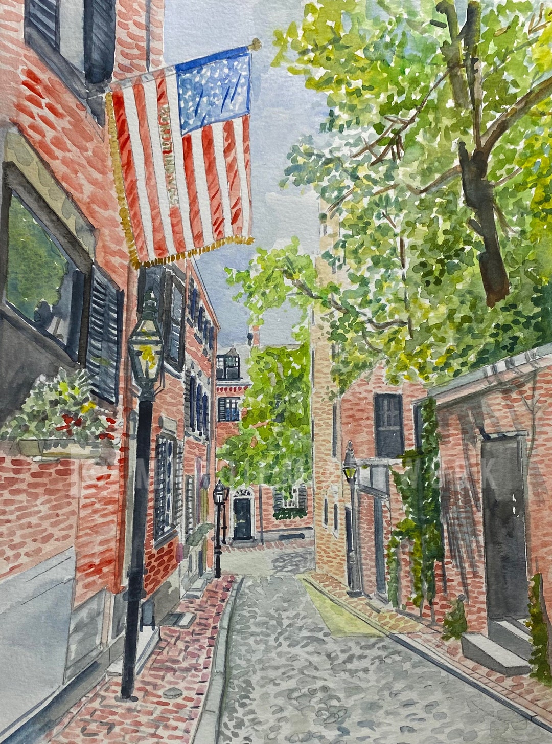 Boston,beacon Hill ,famous Acorn Street, Beautiful Giclee Print From Original Watercolor , Great