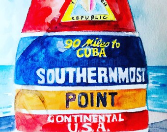 Key West Southernmost Point Buoy, Watercolor Giclee Print
