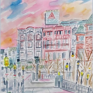 Boston Fine Art Print , Giclee Citgo Commonwealth Ave, Pink and Orange Sky Watercolor, Boston Collection, Massachusetts , Great  Gift