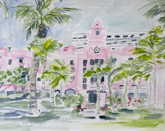 The Royal Hawaiian Hotel | Giclee Print of a Watercolor Painting | Honolulu Hawaii Waikiki Beach hotel banana leaves art pink tropical