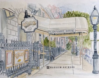 May include: Watercolor painting of a building with a sign that says "O'Briens" and a sign that says "Hampshire House". The building has a black wrought iron fence and a black awning. There is a street lamp in front of the building.