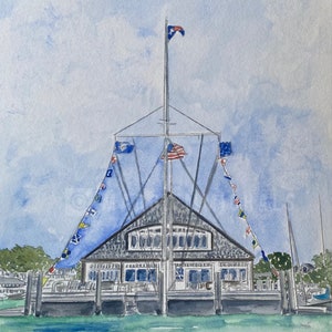 Edgartown yacht  club -Waterfront Watercolor Giclee Print,Boat Club, Massachusetts,Hingham Art,SouthShore Christmas Gift