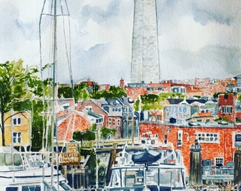 Charlestown Art, Navy Yard Bunker Hill  Monument  Giclee print from original watercolor