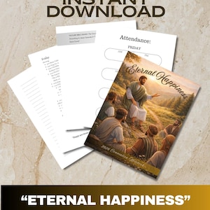 May include: Printable notebook with the text "Instant Download". The notebook includes pages for attendance and a schedule for Friday. The cover of the notebook features an image of Jesus and the text "Eternal Happiness" and "2026 Convention Notebook".