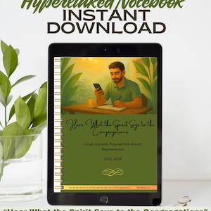 Puede incluir: Una tableta digital muestra una portada de cuaderno con el texto "Hear What the Spirit Says to the Congregations". La portada es verde con texto blanco. La imagen también incluye el texto "Hyperlinked Notebook INSTANT DOWNLOAD."