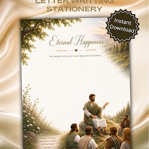May include: Stationery set with the words "Eternal Happiness" in elegant script. The design includes a scenic illustration of a religious scene with figures and text that reads "We warmly invite you to our Regional Convention..." and "Happy are those conscious of their spiritual need".