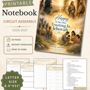 May include: A printable notebook for a 2026-2027 circuit assembly, 8.5 inches by 11 inches, featuring a cover with biblical illustrations and the text Happy Is the One Trusting In Jehovah, plus interior pages for personal application and a program.