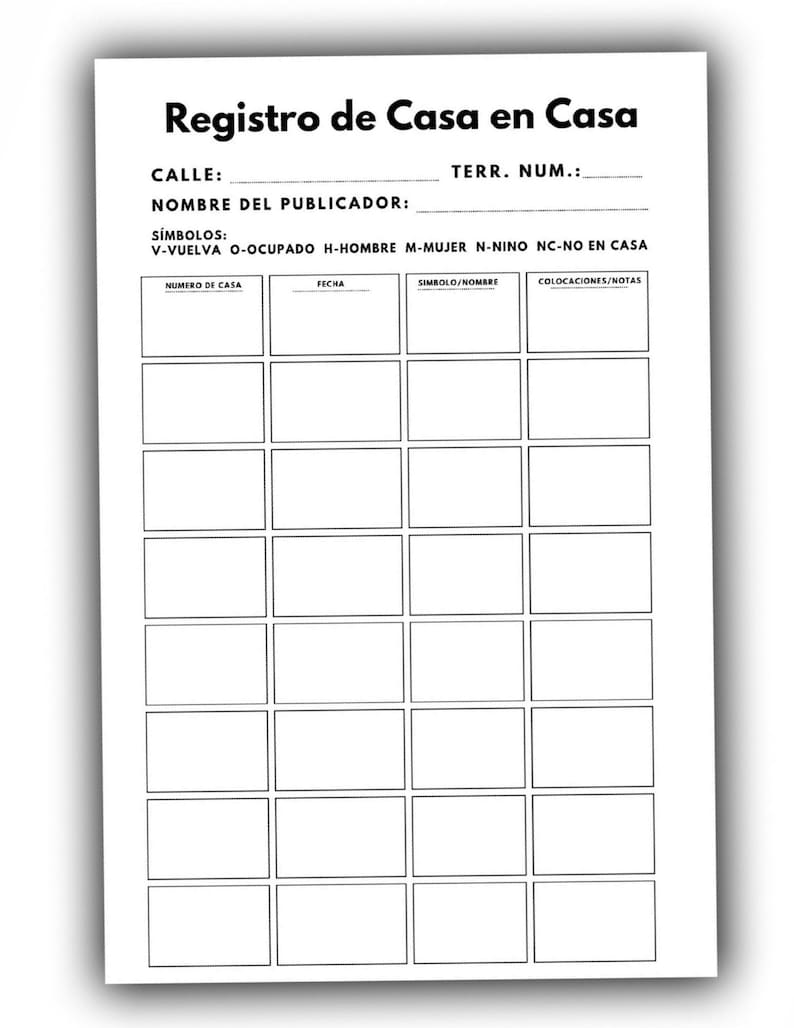 May include: A white paper with the title "Registro de Casa en Casa" in black text. The paper has several lines for filling in information, including "CALLE," "NOMBRE DEL PUBLICADOR," and "TERR. NUM." There are also boxes for data entry.