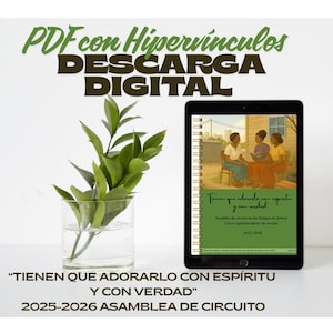 以下が含まれることがあります： デジタルダウンロードの広告。タブレットには、「Tienen que adorarlo con espíritu y con verdad」というテキストが書かれた本の表紙が表示されています。その隣には、緑の葉が入ったガラスの花瓶があります。上部のテキストは「PDF con Hipervínculos DESCARGA DIGITAL」と書かれています。
